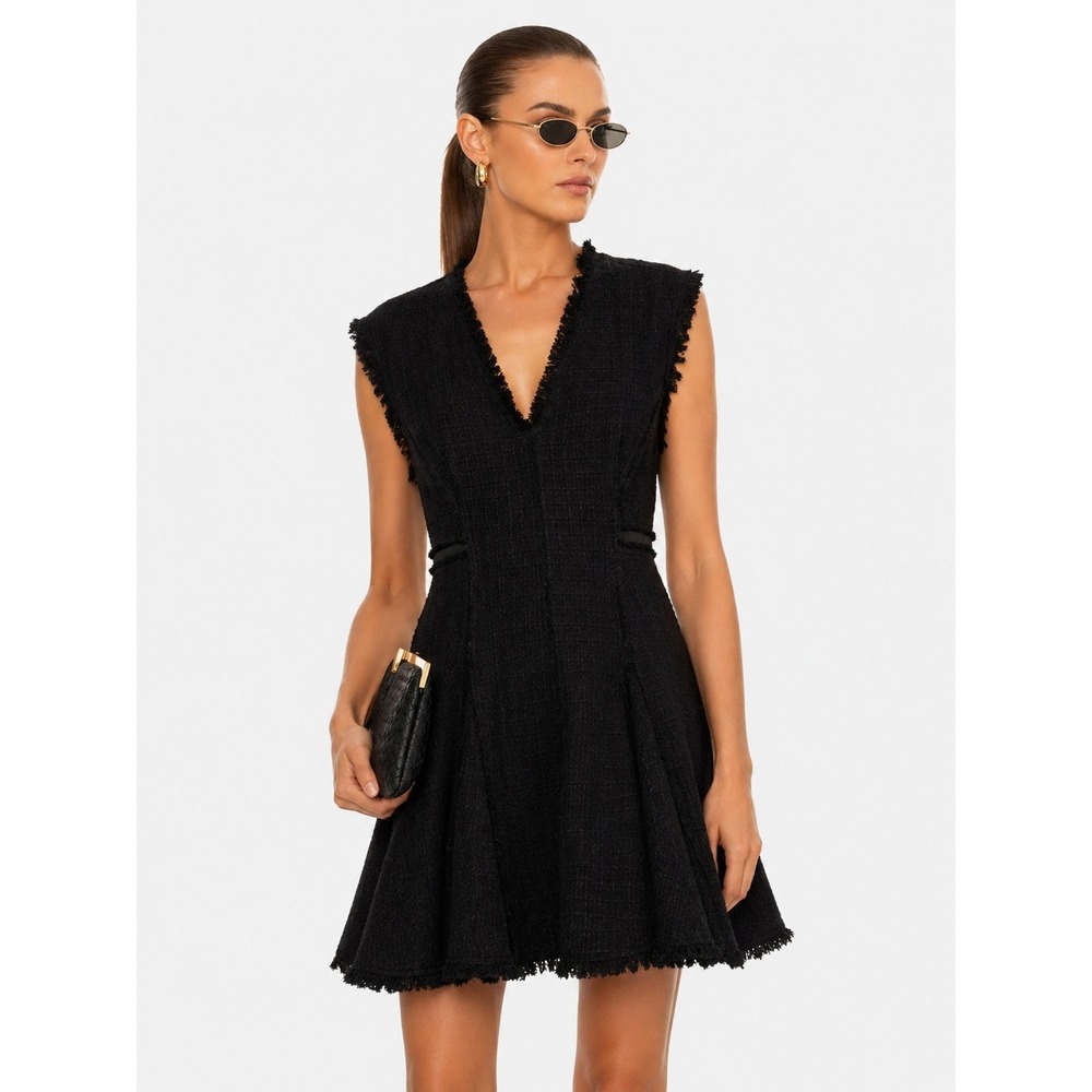 Rebecca Taylor Black Tweed Sleeveless V-Neck Fit Flare Dress Size 10 M Frayed